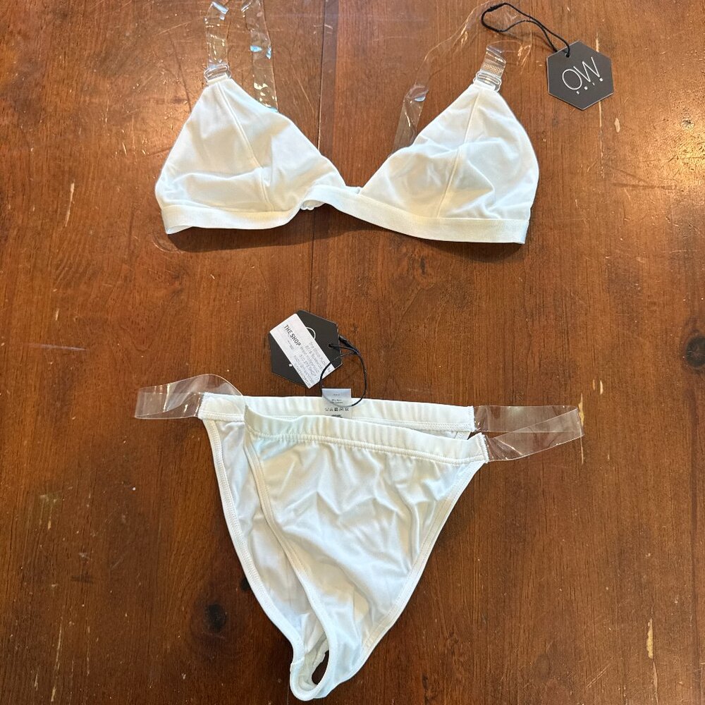 OW Swim White Tahiti Bikini Set Clear Strap Triangle Top Bottom Size Small NWT